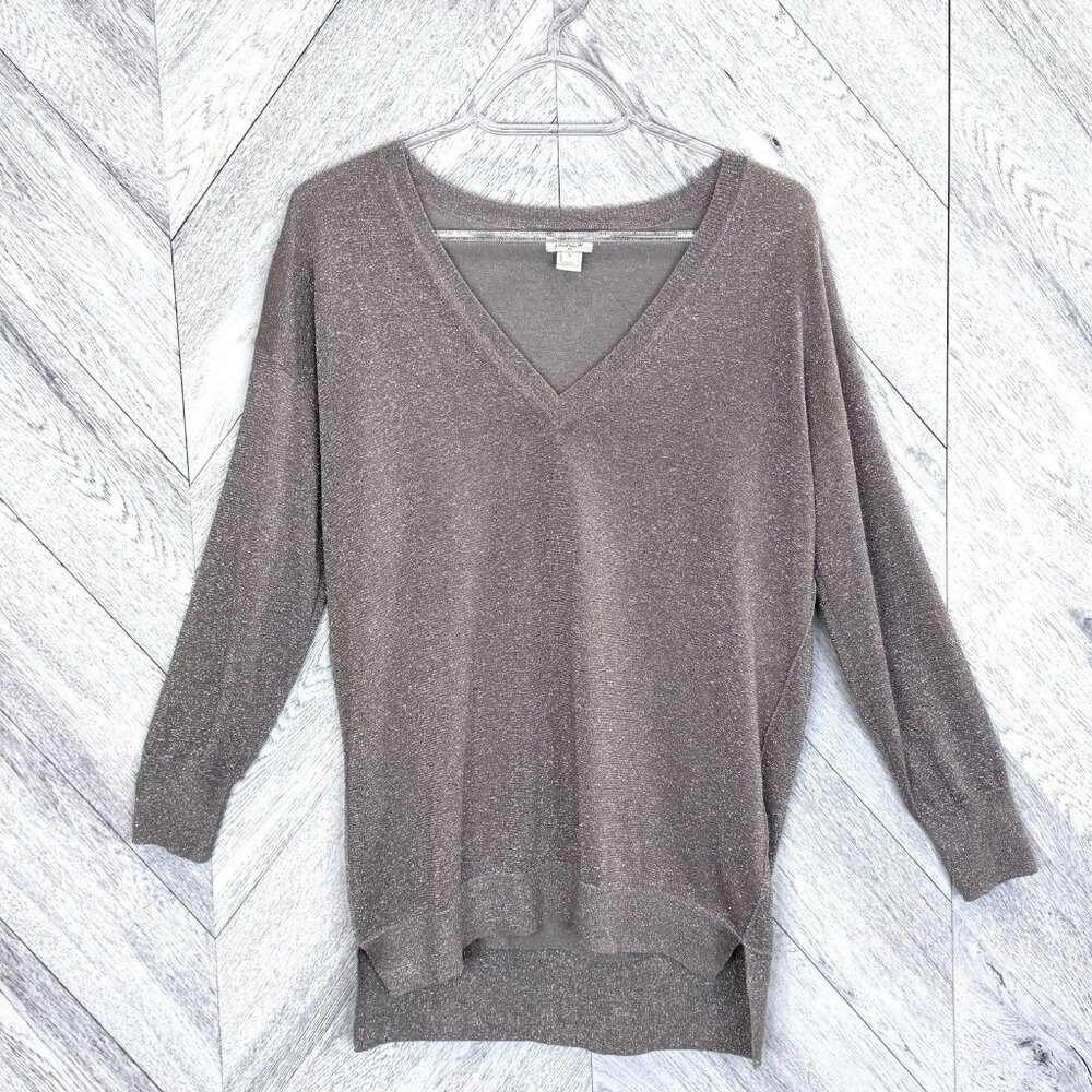 J CREW Gold Metallic Glitter V Neck Thin Lightweight Sweater Womens Size Small
